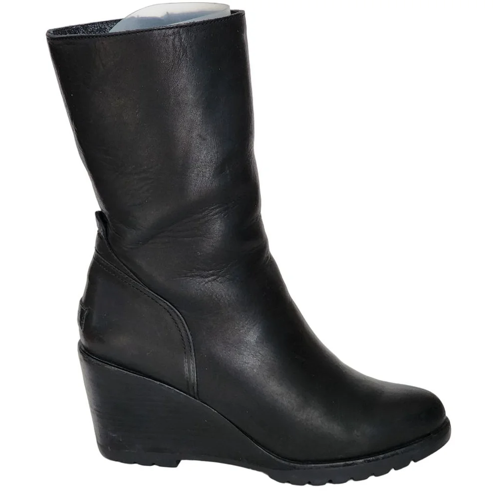 SOREL After Hours Mid Boot Black Leather Wedge Booties Size 8.5